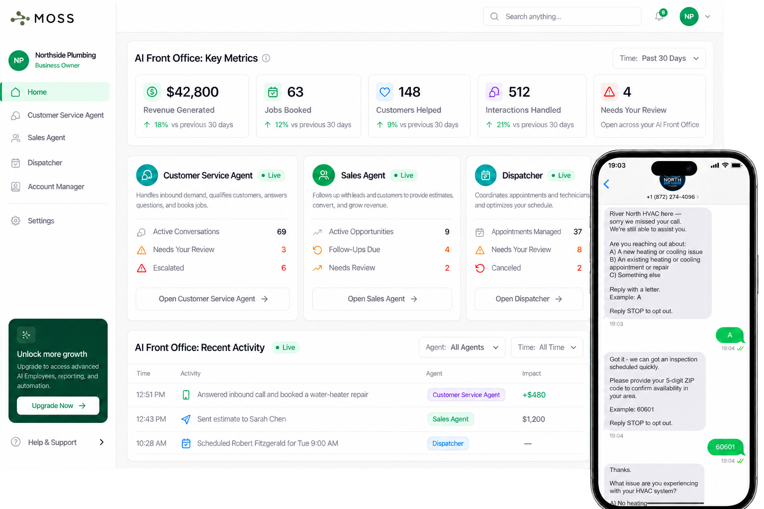 MOSS AI Front Office dashboard alongside a live customer text conversation